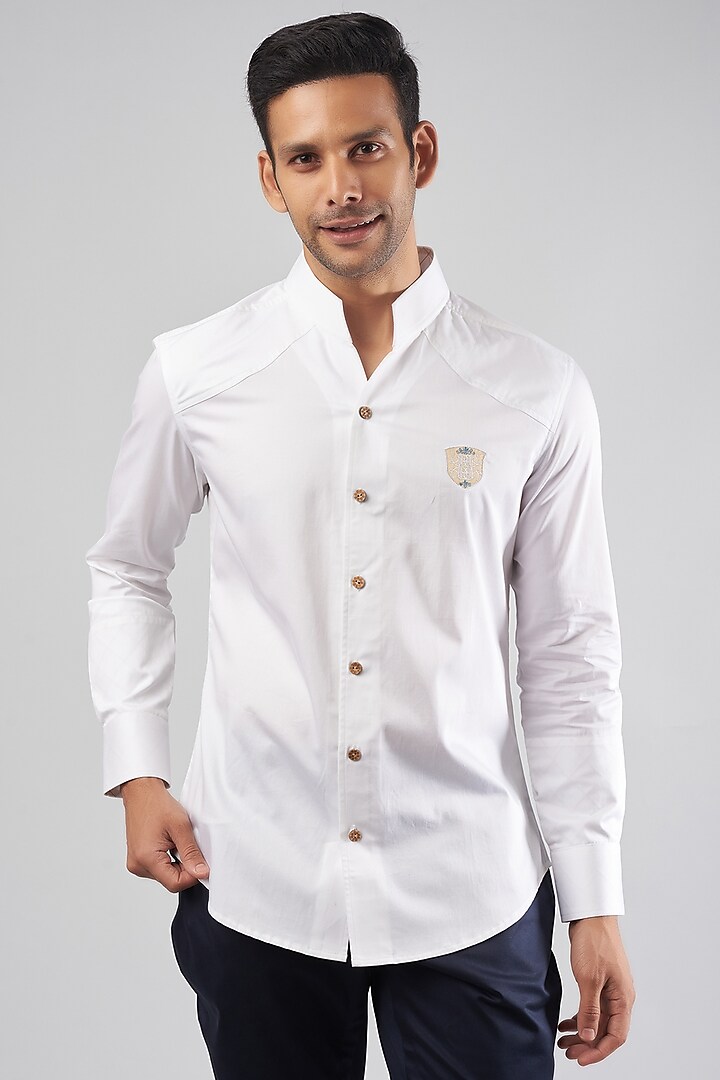White Cotton Embroidered Shirt by Rohit Kamra Jaipur