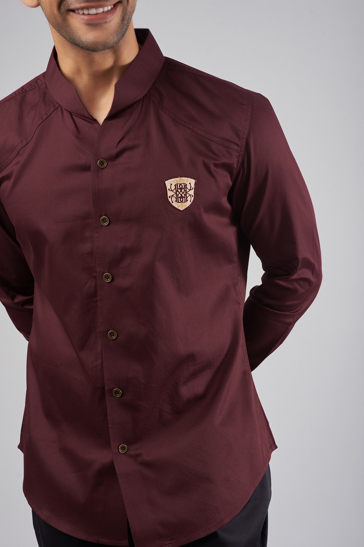 Wine Cotton Embroidered Shirt by Rohit Kamra Jaipur