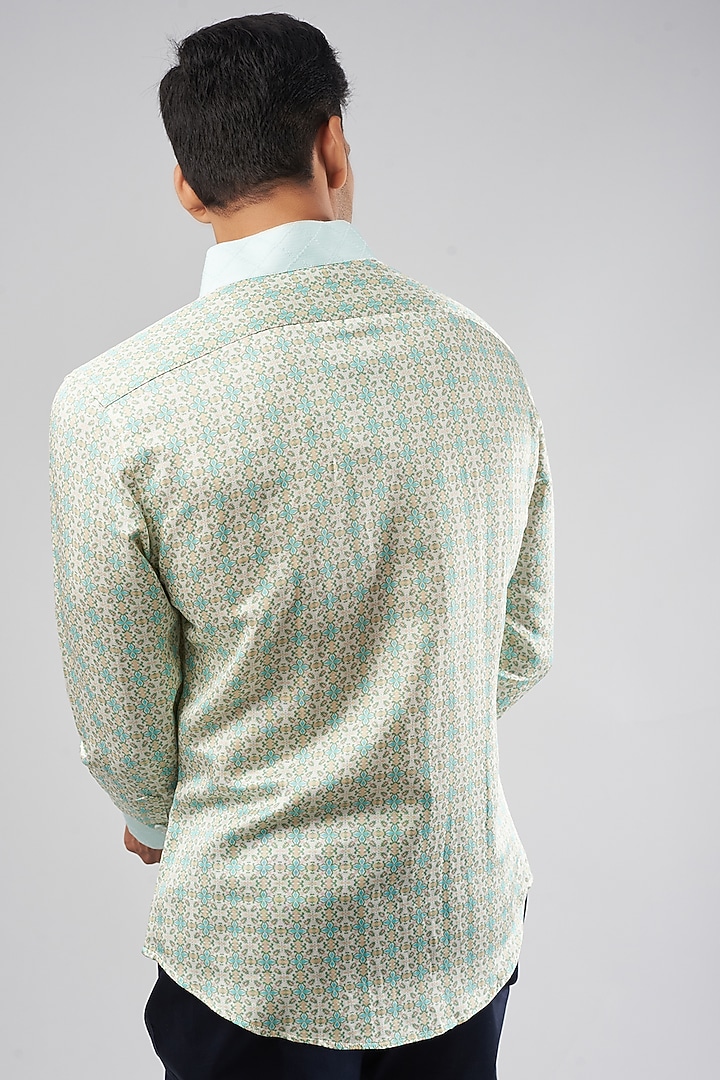 Cream Linen Silk Printed Party Wear Shirt by Rohit Kamra Jaipur at Pernia's Pop Up Shop