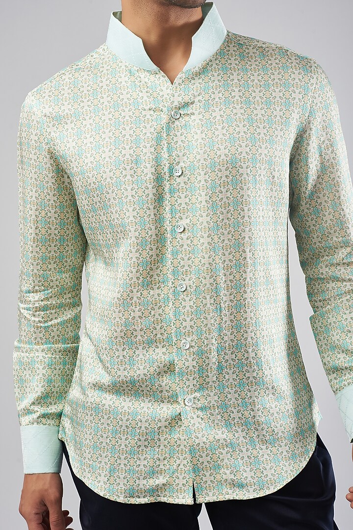 Cream Linen Silk Printed Party Wear Shirt by Rohit Kamra Jaipur at Pernia's Pop Up Shop
