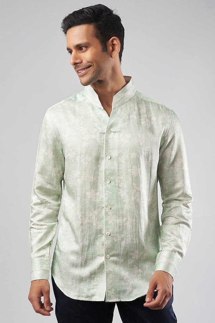 Aqua White Linen Silk Digital Printed Shirt by Rohit Kamra Jaipur