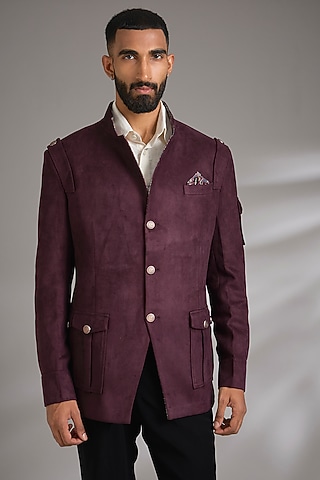 Wine Suede Bandhgala Jacket by Rohit Kamra Jaipur