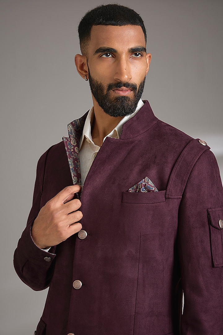 Wine Suede Wedding Bandhgala Jacket by Rohit Kamra Jaipur at Pernia's Pop Up Shop