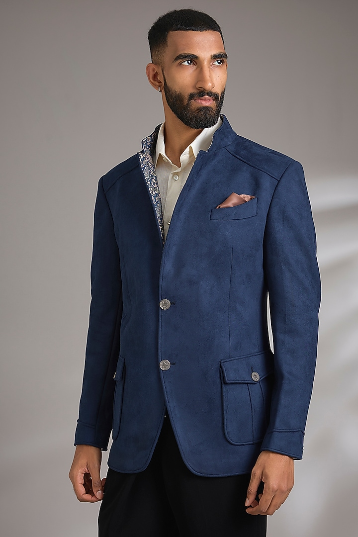 Blue Suede Wedding Bandhgala Jacket by Rohit Kamra Jaipur at Pernia's Pop Up Shop