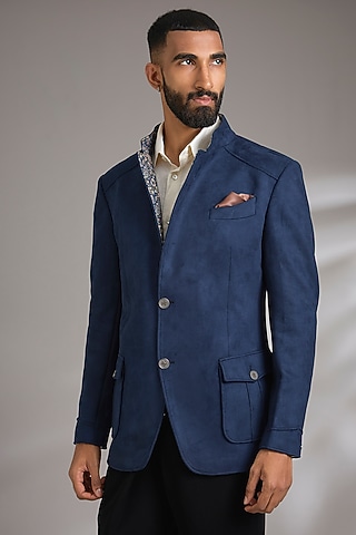 Blue Suede Bandhgala Jacket by Rohit Kamra Jaipur