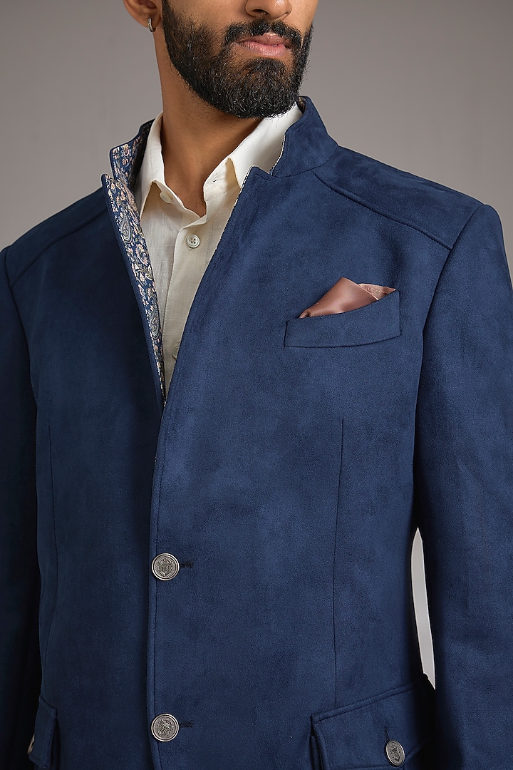 Blue Suede Wedding Bandhgala Jacket by Rohit Kamra Jaipur at Pernia's Pop Up Shop