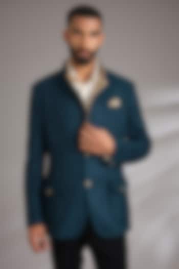 Teal Green Suede Wedding Bandhgala Jacket by Rohit Kamra Jaipur at Pernia's Pop Up Shop