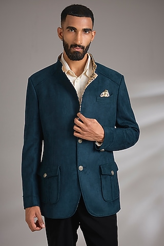 Teal Green Suede Bandhgala Jacket by Rohit Kamra Jaipur