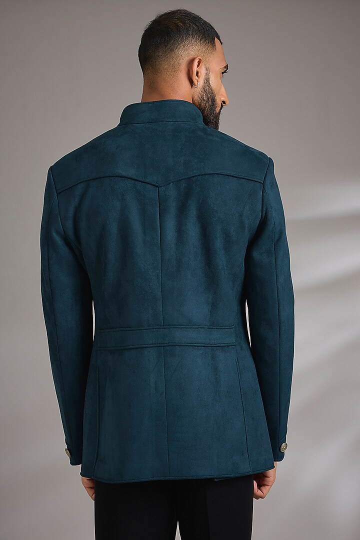 Teal Green Suede Wedding Bandhgala Jacket by Rohit Kamra Jaipur at Pernia's Pop Up Shop