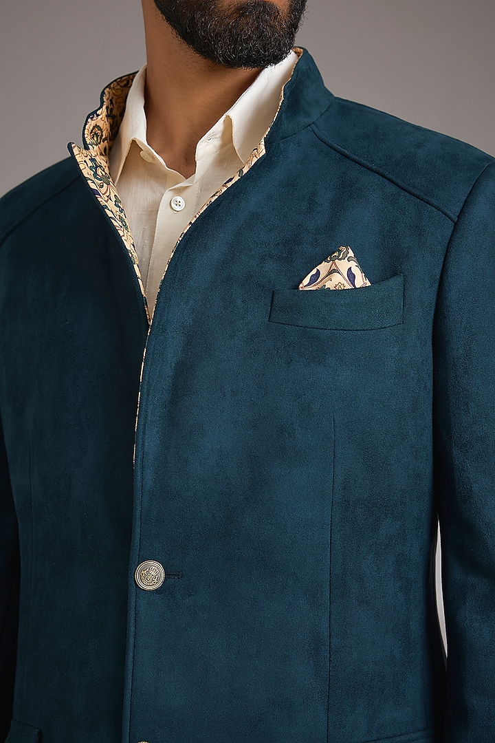 Teal Green Suede Wedding Bandhgala Jacket by Rohit Kamra Jaipur at Pernia's Pop Up Shop