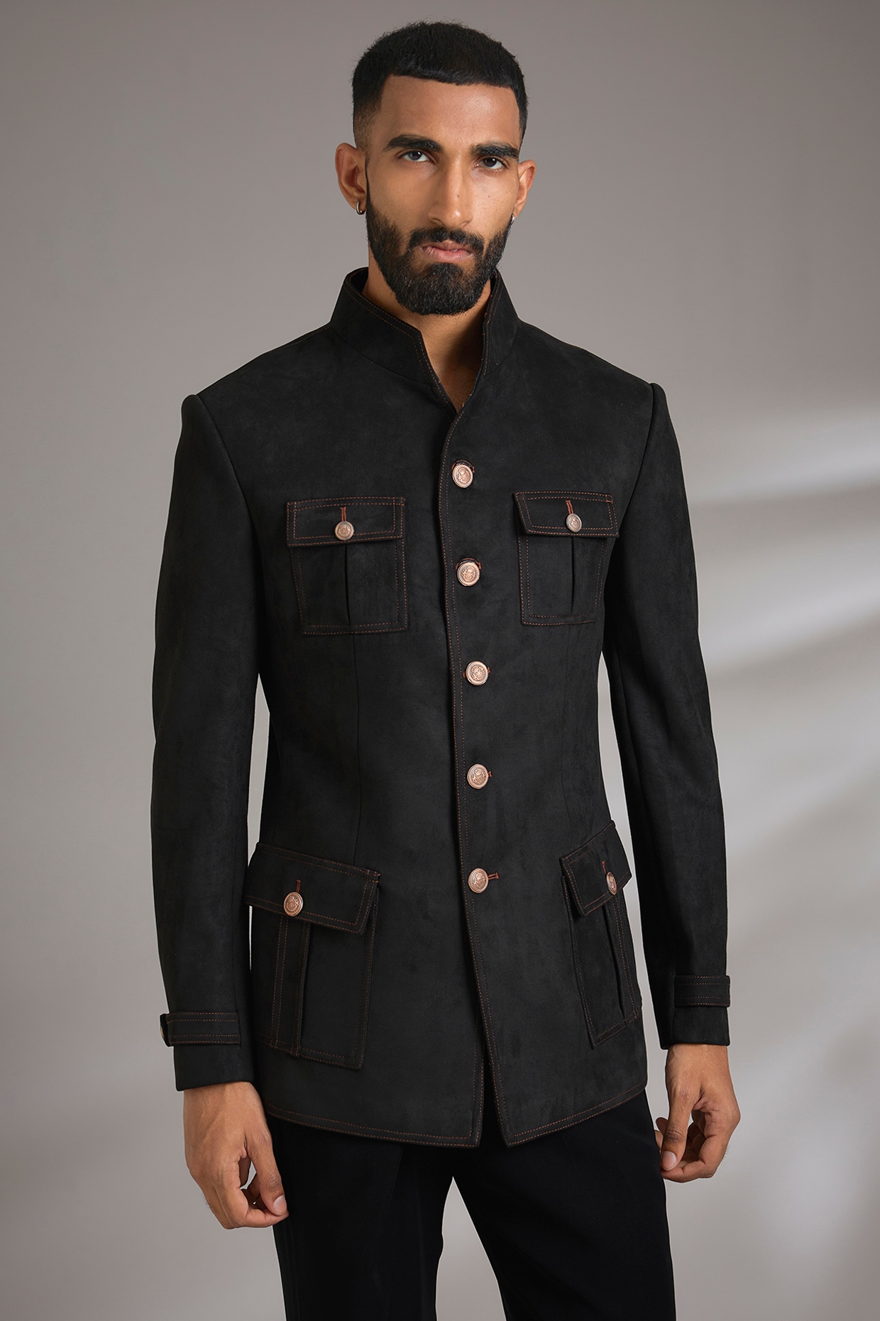 Rohit Kamra Jaipur Black Suede Bandhgala Jacket