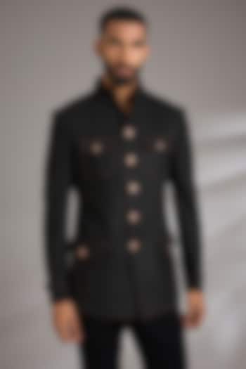 Black Suede Wedding Bandhgala Jacket by Rohit Kamra Jaipur at Pernia's Pop Up Shop