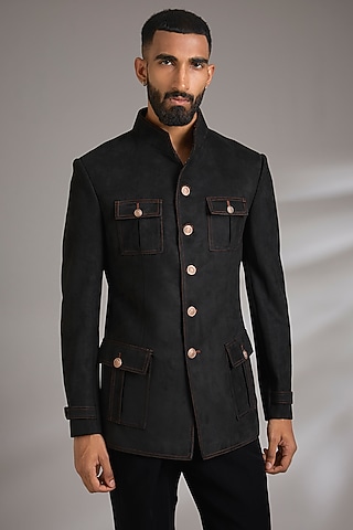 Black Suede Bandhgala Jacket by Rohit Kamra Jaipur
