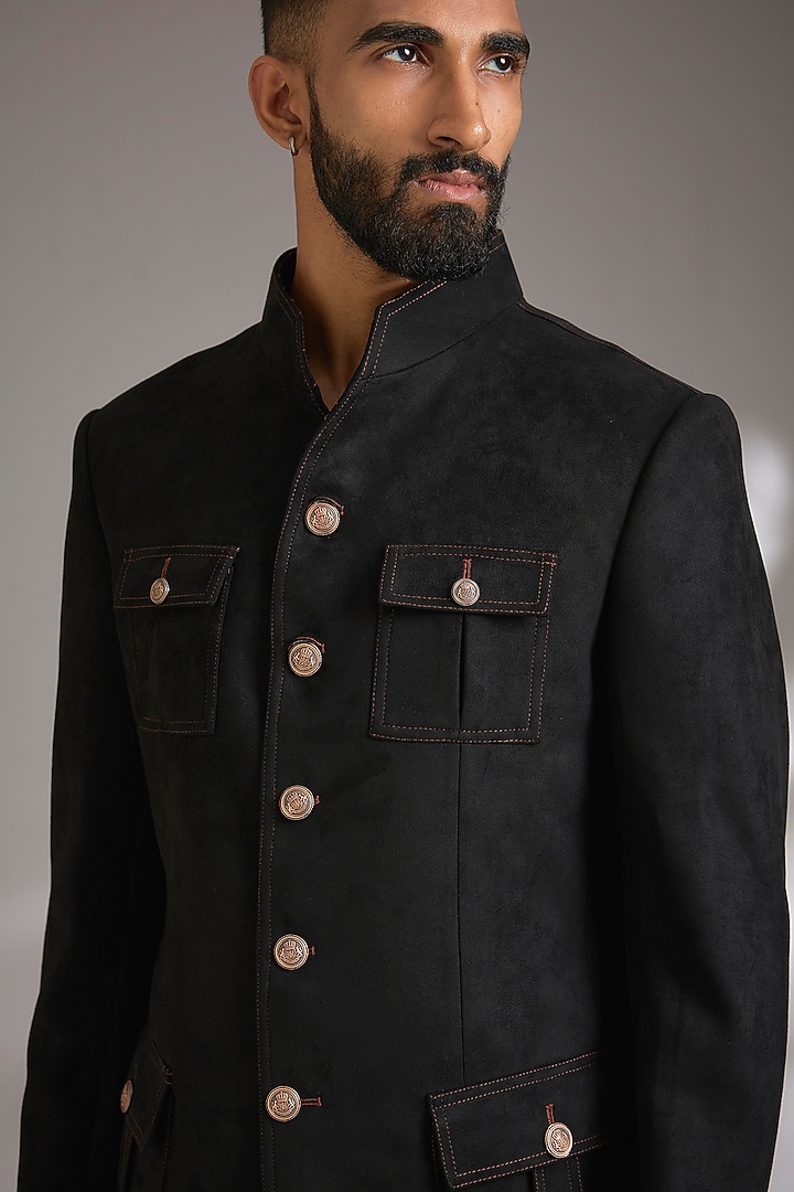 Black Suede Wedding Bandhgala Jacket by Rohit Kamra Jaipur at Pernia's Pop Up Shop