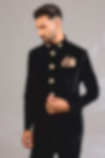 Jet Black Velvet Groom Bandhgala by Rohit Kamra Jaipur at Pernia's Pop Up Shop