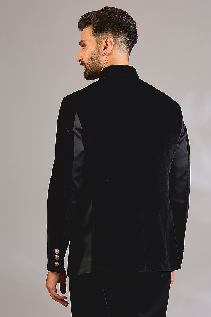 Jet Black Velvet Groom Bandhgala by Rohit Kamra Jaipur at Pernia's Pop Up Shop