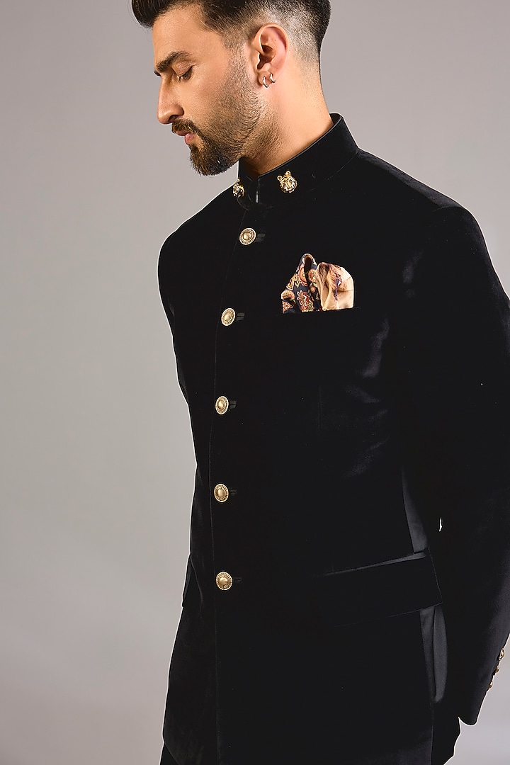 Jet Black Velvet Groom Bandhgala by Rohit Kamra Jaipur at Pernia's Pop Up Shop