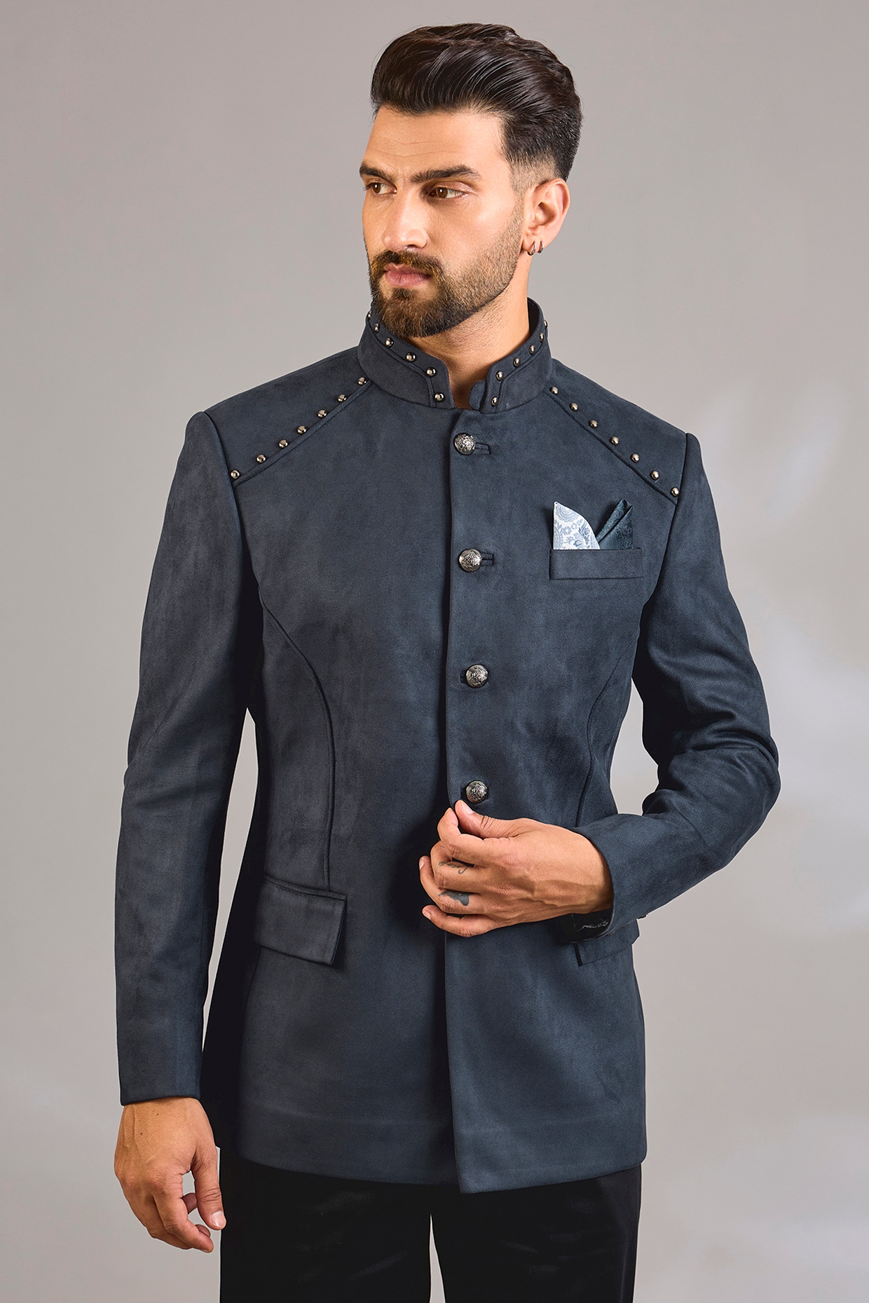 Rohit Kamra Jaipur Navy Blue Suede Bandhgala