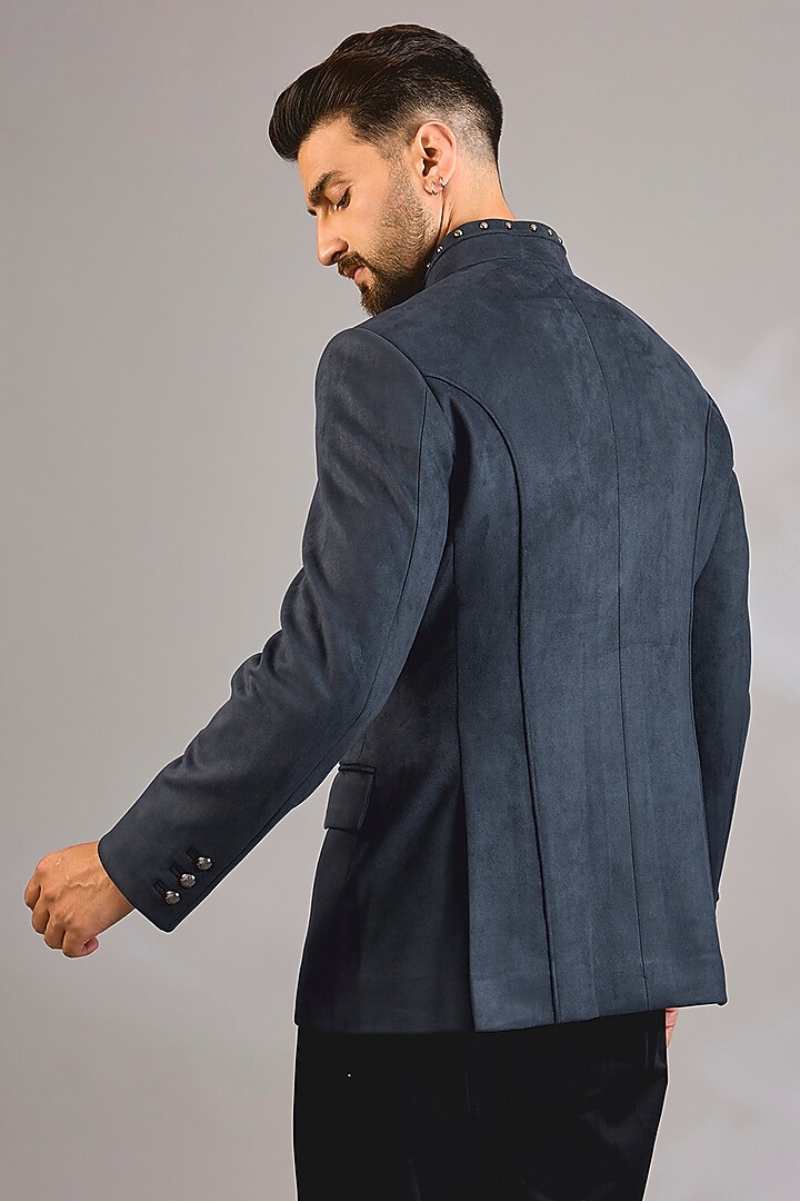 Navy Blue Suede Groom Bandhgala by Rohit Kamra Jaipur at Pernia's Pop Up Shop