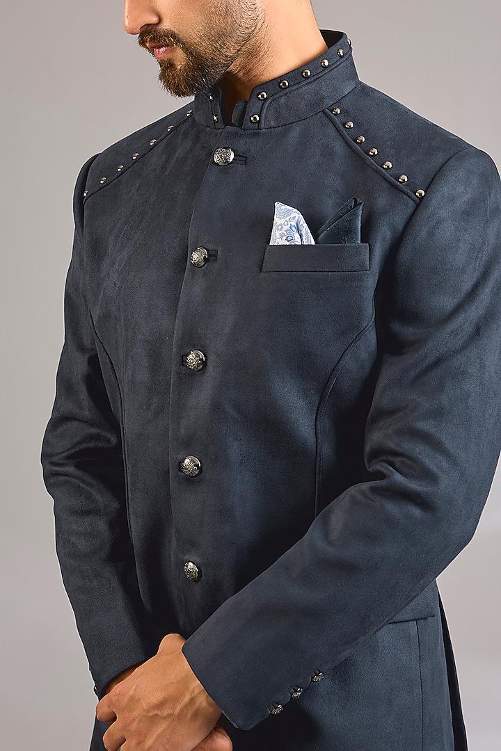 Navy Blue Suede Groom Bandhgala by Rohit Kamra Jaipur at Pernia's Pop Up Shop