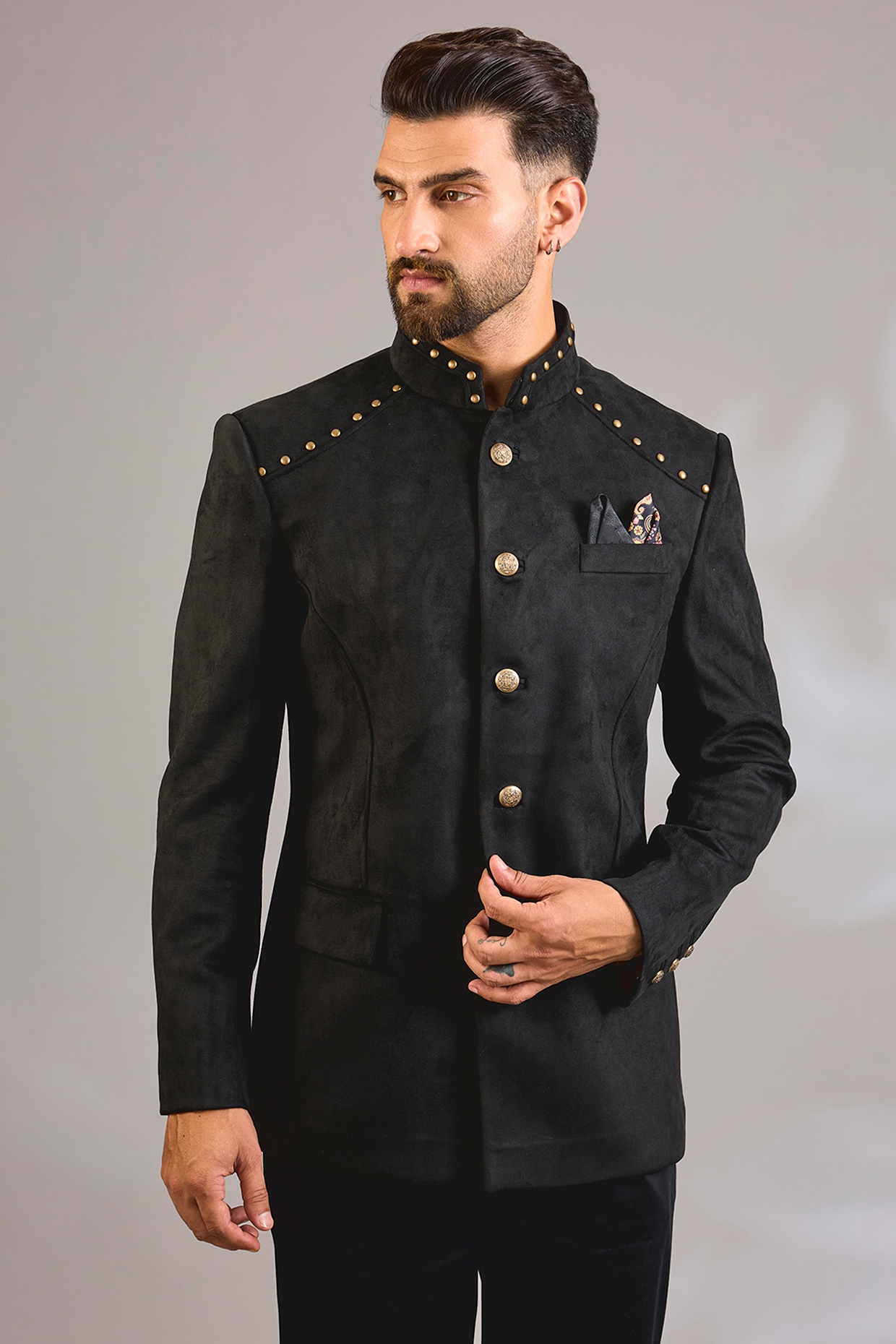 Rohit Kamra Jaipur Black Suede Bandhgala