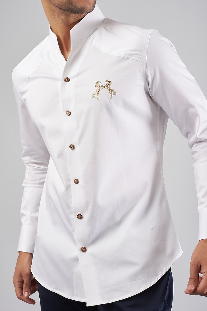 White Cotton Embroidered Party Wear Shirt by Rohit Kamra Jaipur at Pernia's Pop Up Shop