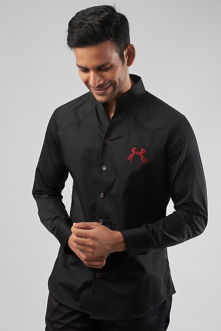 Black Cotton Embroidered Shirt by Rohit Kamra Jaipur