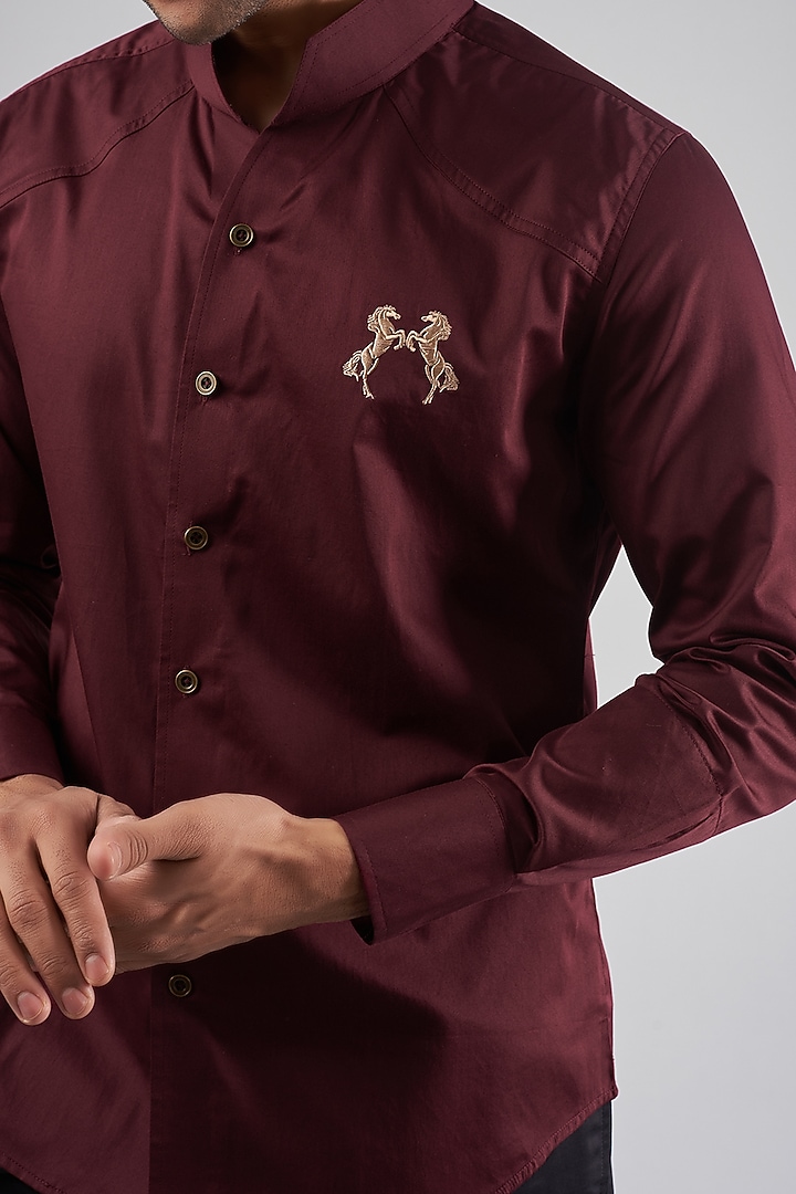 Wine Cotton Embroidered Party Wear Shirt by Rohit Kamra Jaipur at Pernia's Pop Up Shop