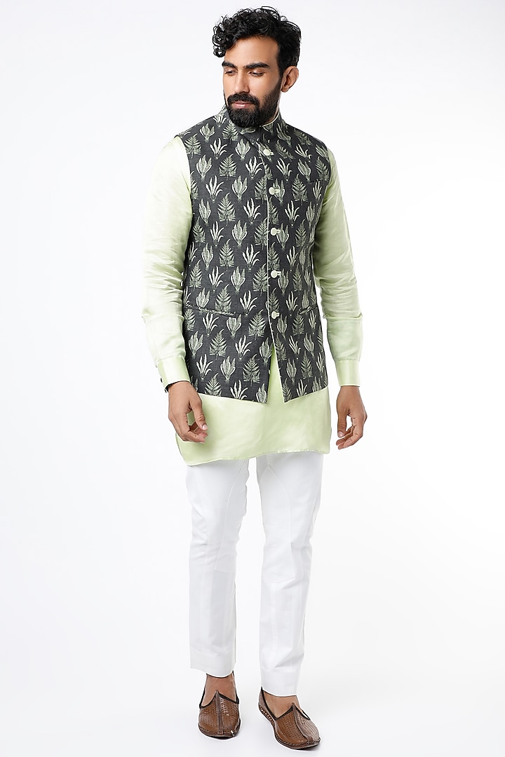 Grey Printed Bundi Jacket With Mint Green Kurta by Rohit Kamra Jaipur