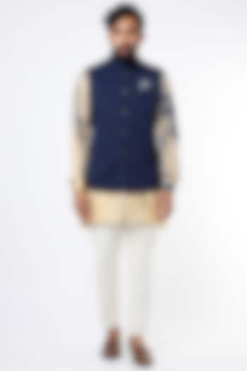Blue Quilted Bundi Jacket With Kurta by Rohit Kamra Jaipur