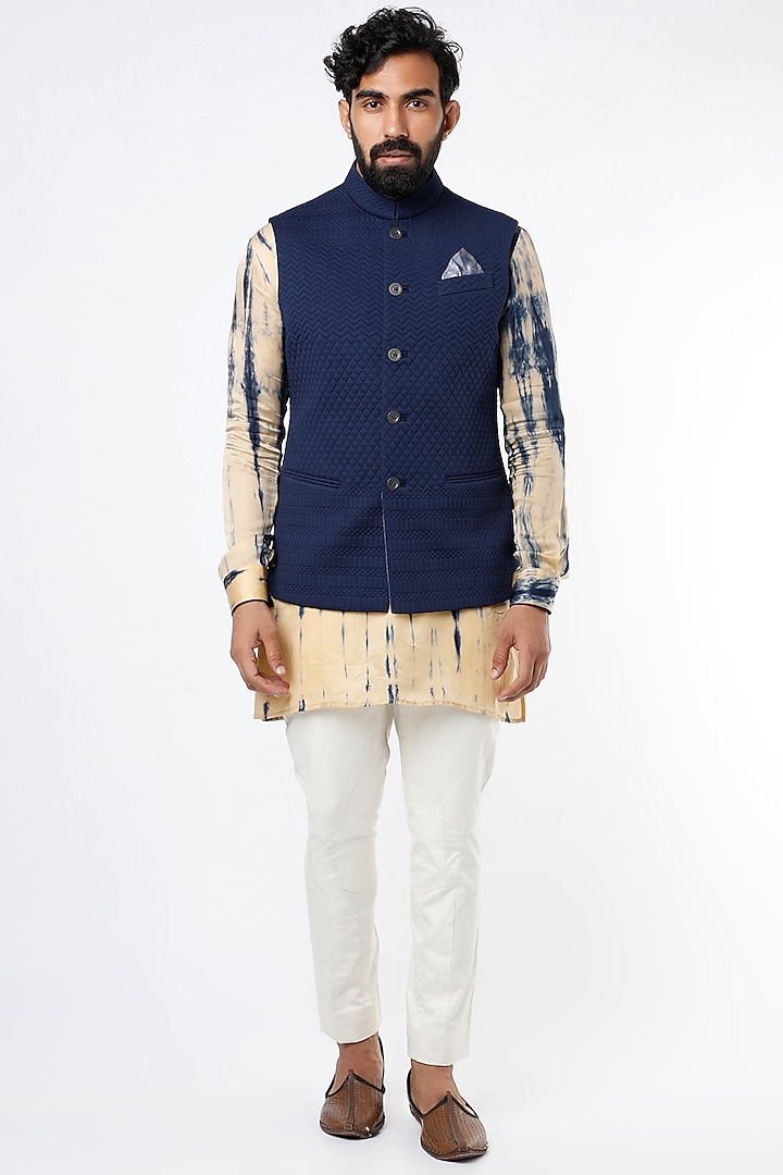 Blue Quilted Bundi Jacket With Kurta by Rohit Kamra Jaipur