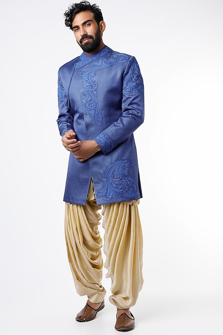 Blue Embroidered Angrakha Bandhgala Jacket by Rohit Kamra Jaipur