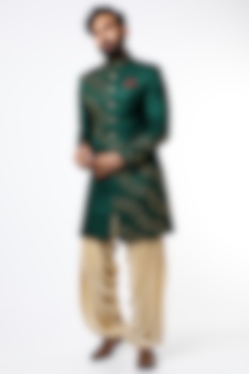 Emerald Green Metallic Embroidered Indo-Western Groom Sherwani by Rohit Kamra Jaipur at Pernia's Pop Up Shop
