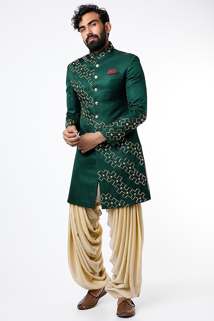 Emerald Green Metallic Embroidered Indo-Western Groom Sherwani by Rohit Kamra Jaipur at Pernia's Pop Up Shop