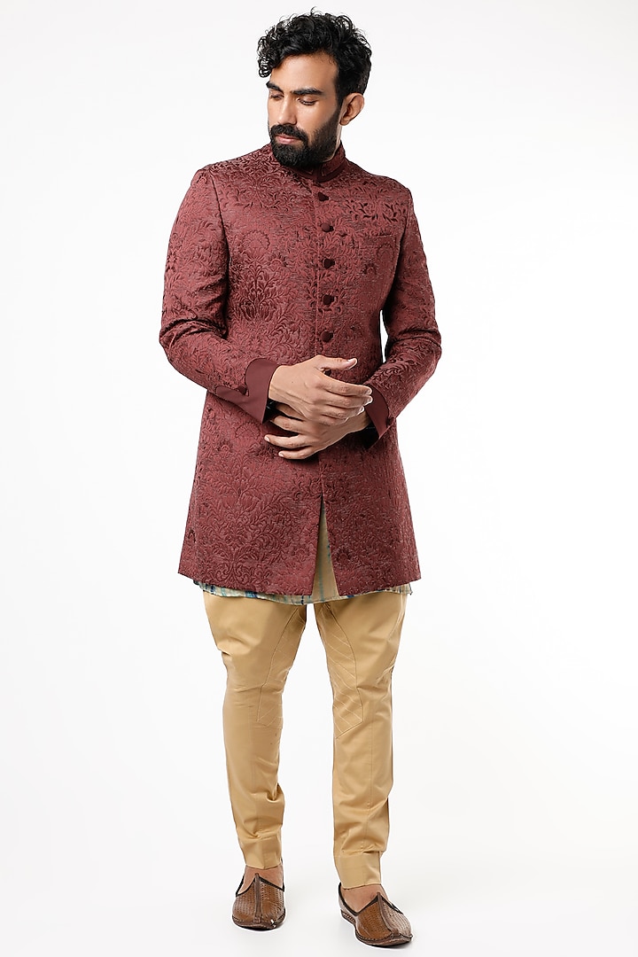 Maroon Embroidered Indo-Western Sherwani by Rohit Kamra Jaipur