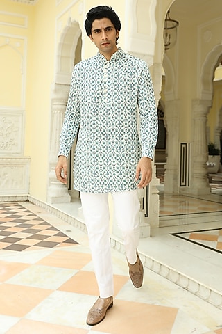 White & Cyan Printed Kurta by Rohit Kamra Jaipur
