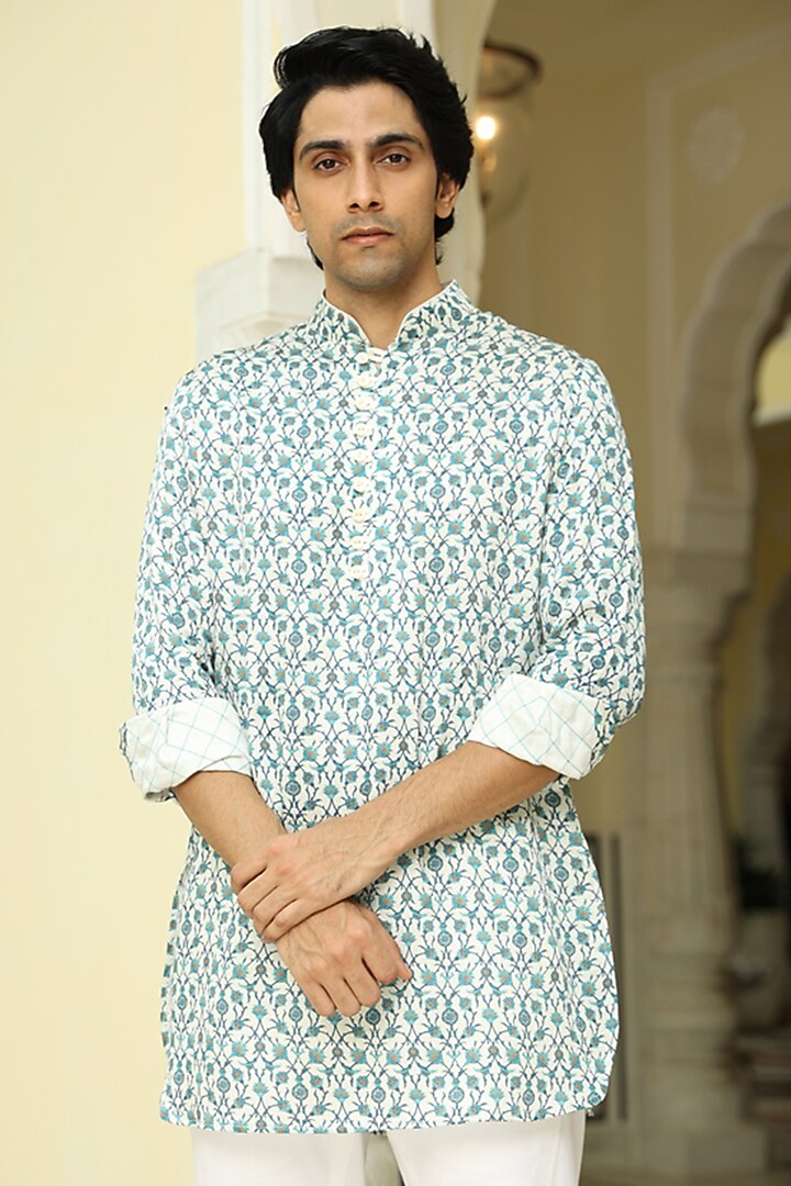 White & Cyan Printed Kurta by Rohit Kamra Jaipur at Pernia's Pop Up Shop