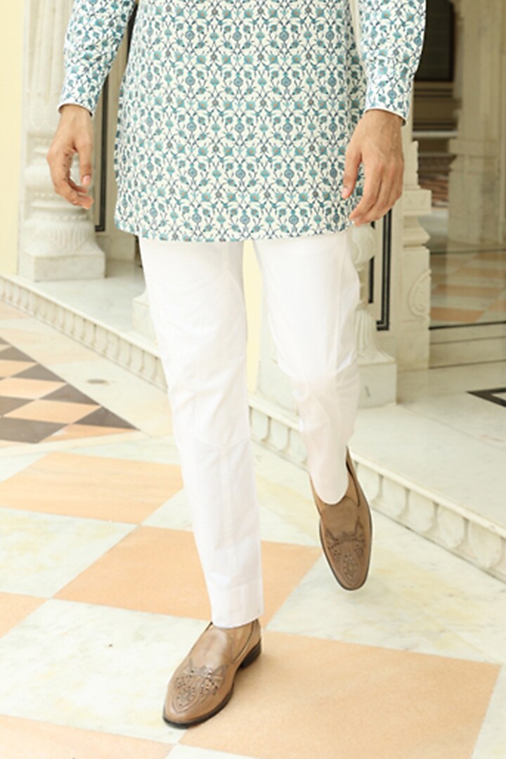 White & Cyan Printed Kurta by Rohit Kamra Jaipur at Pernia's Pop Up Shop