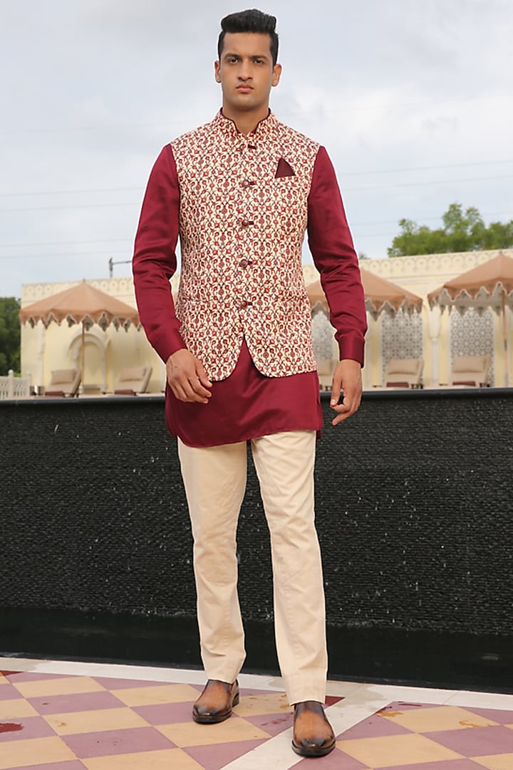 Maroon Silk Kurta With Bundi Jacket by Rohit Kamra Jaipur