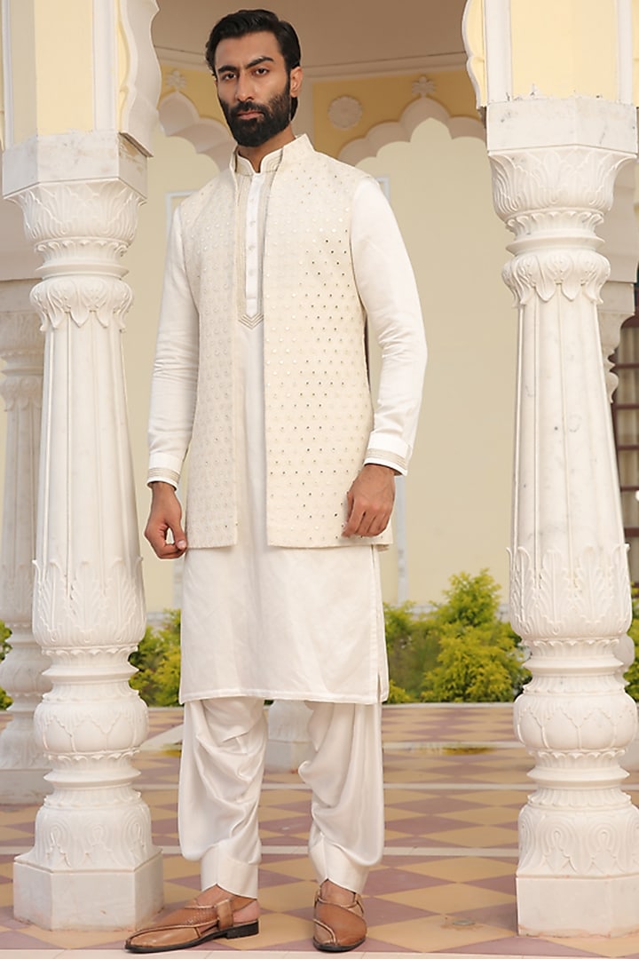 Off-White Embroidered Indowestern Jacket Set by Rohit Kamra Jaipur
