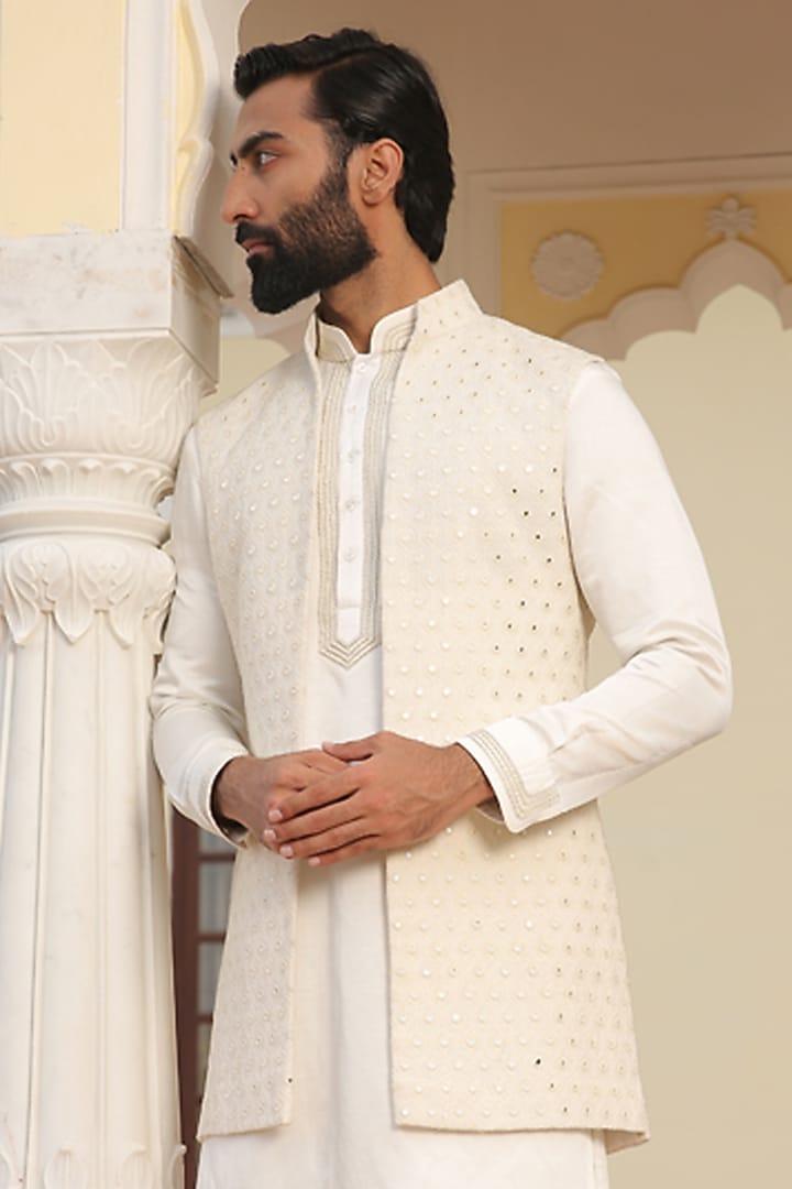 Off-White Embroidered Wedding Indowestern Jacket Set by Rohit Kamra Jaipur at Pernia's Pop Up Shop