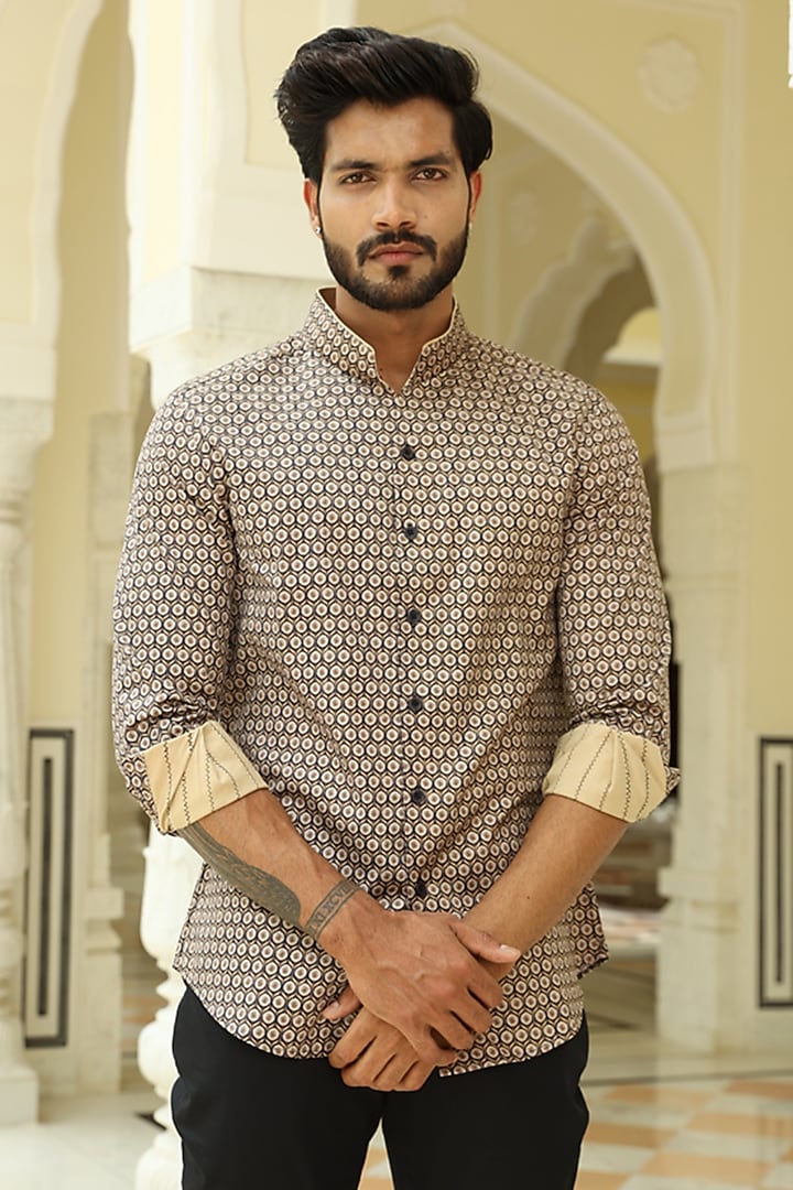 Beige & Black Printed Party Wear Shirt by Rohit Kamra Jaipur at Pernia's Pop Up Shop