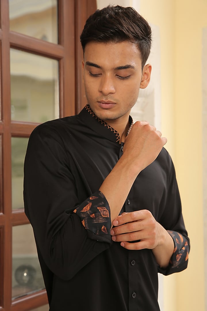 Black Cotton Party Wear Shirt by Rohit Kamra Jaipur at Pernia's Pop Up Shop