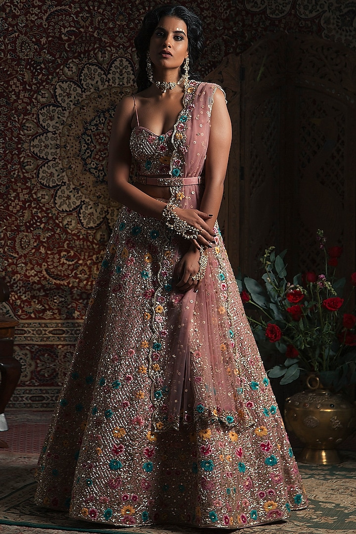 Rose Gold Shaded Dupion Silk Hand Embroidered Lehenga Set by Rachit Khanna