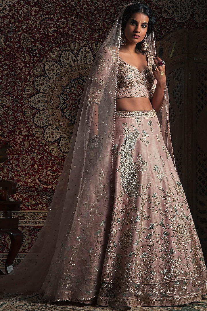 Powder Pink Raw Silk Sequins Embroidered Lehenga Set  by Rachit Khanna