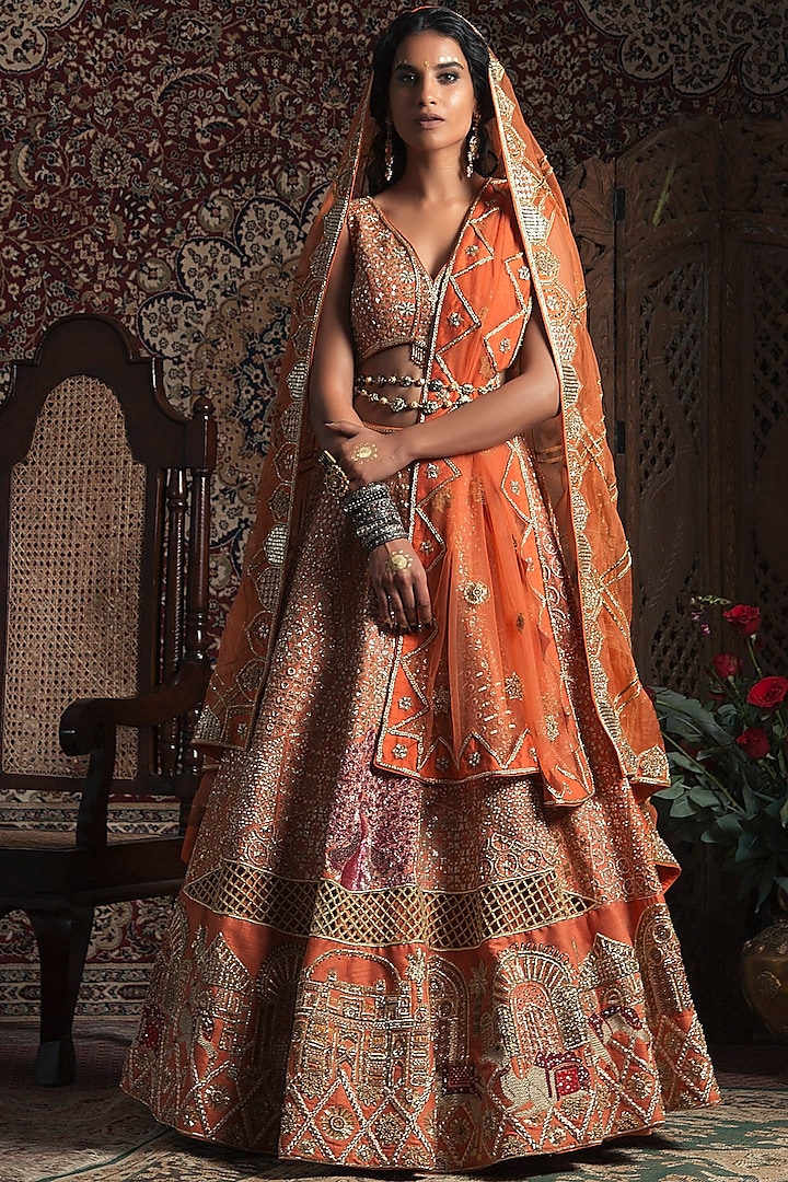 Tangerine Raw Silk Thread Embroidered Lehenga Set by Rachit Khanna