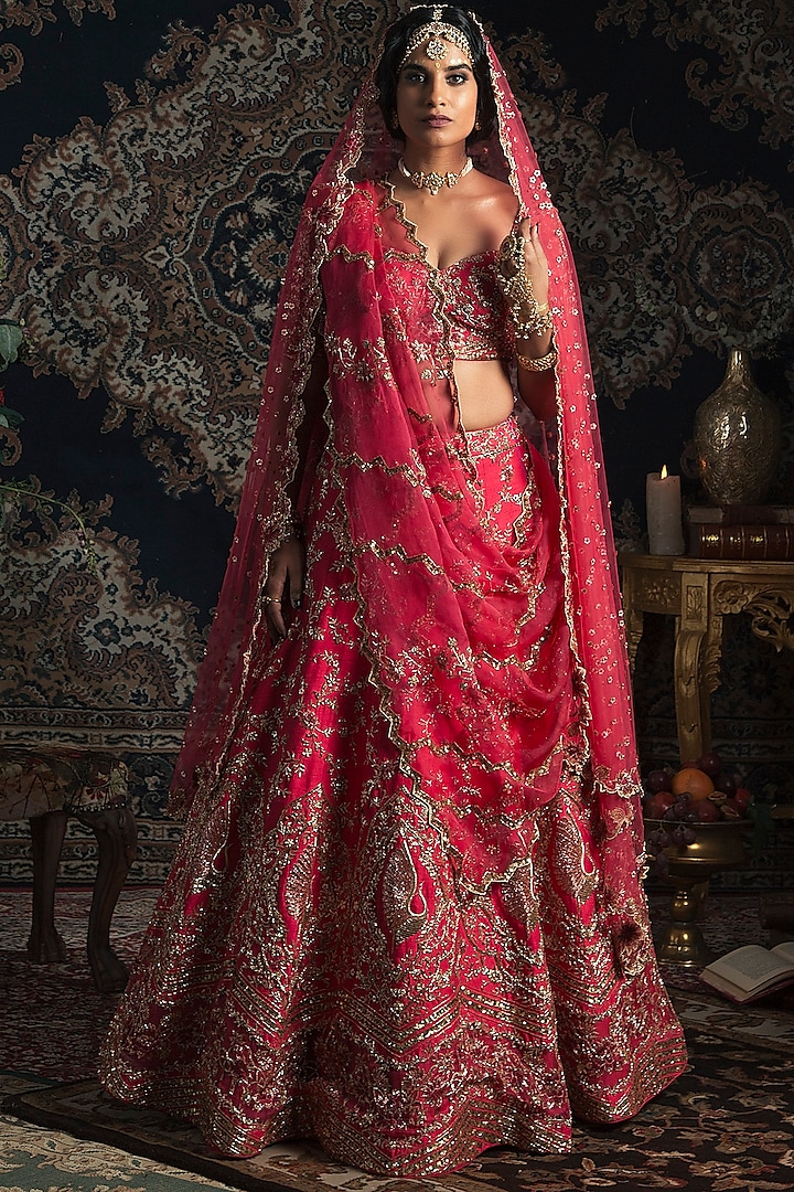 Hot Pink Raw Silk Cutdana Embroidered Lehenga Set by Rachit Khanna