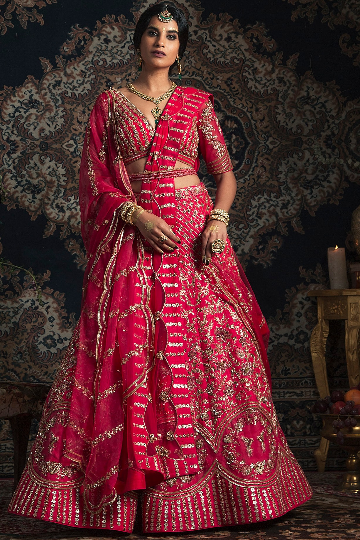 Neon Pink Raw Silk Cutdana Embroidered Lehenga Set by Rachit Khanna at ...