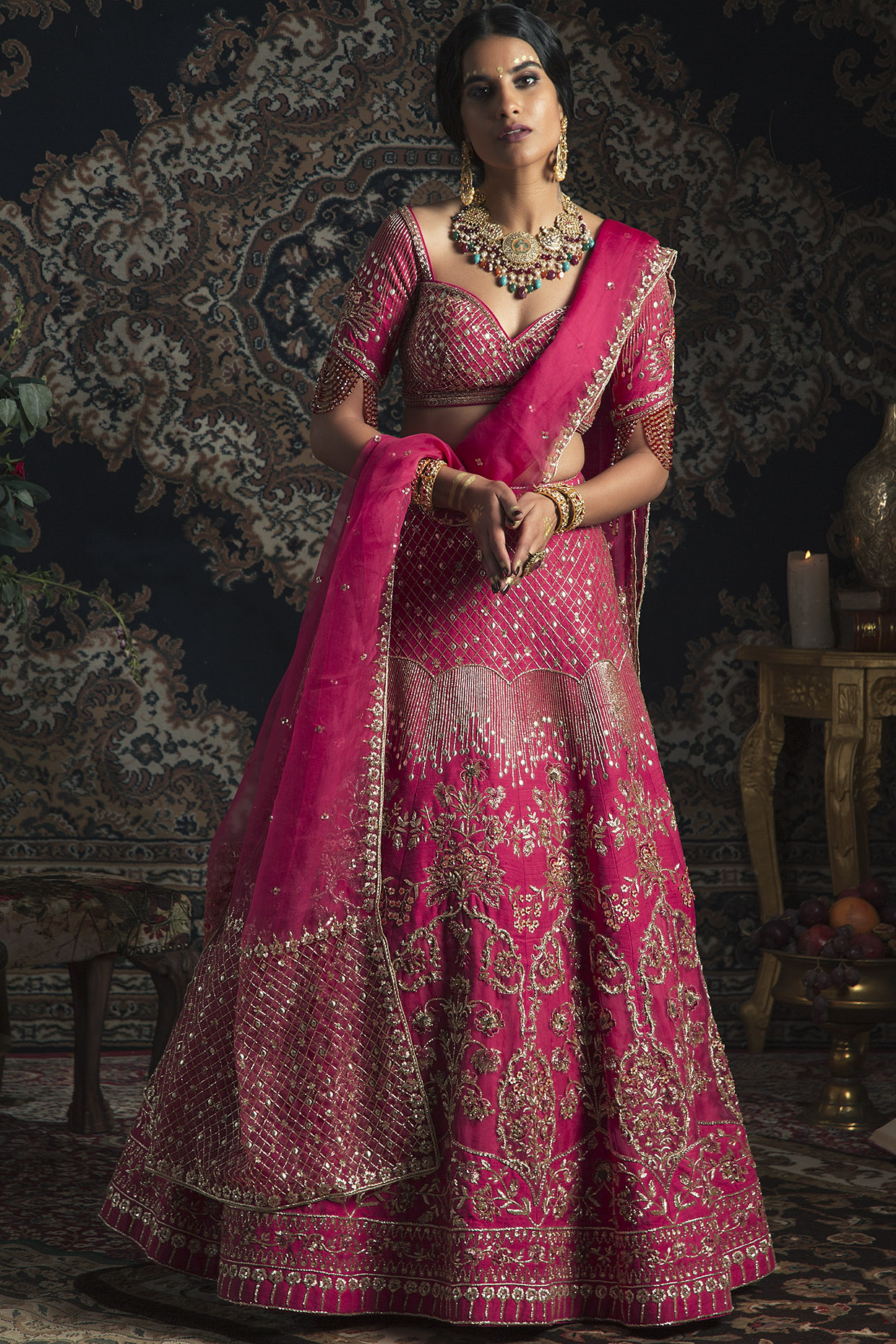 Wedding Dress Zari Embroidered Dark Pink Lehenga LLCV111338