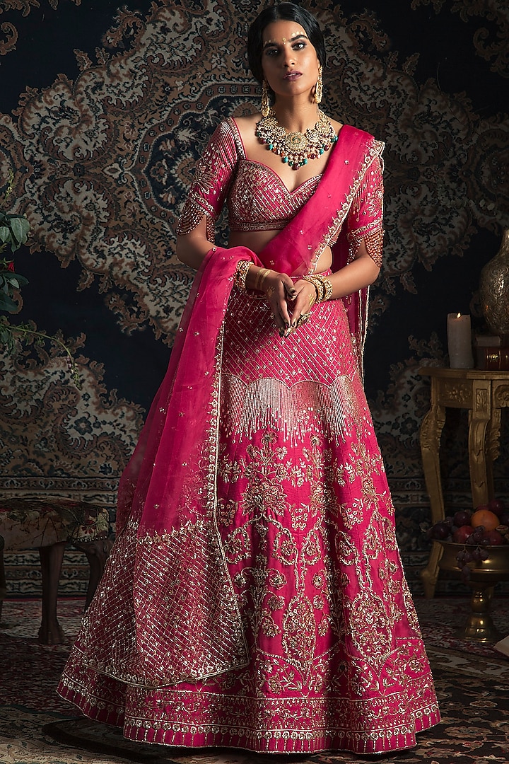 Hot Pink Raw Silk Thread Embroidered Lehenga Set  by Rachit Khanna